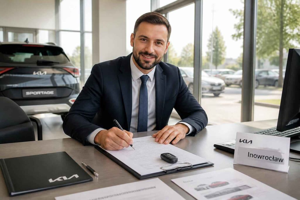Doradca Kia podpisujący dokumenty w salonie samochodowym Doradca Kia w garniturze podpisuje dokumenty przy biurku w salonie samochodowym Kia Inowrocław